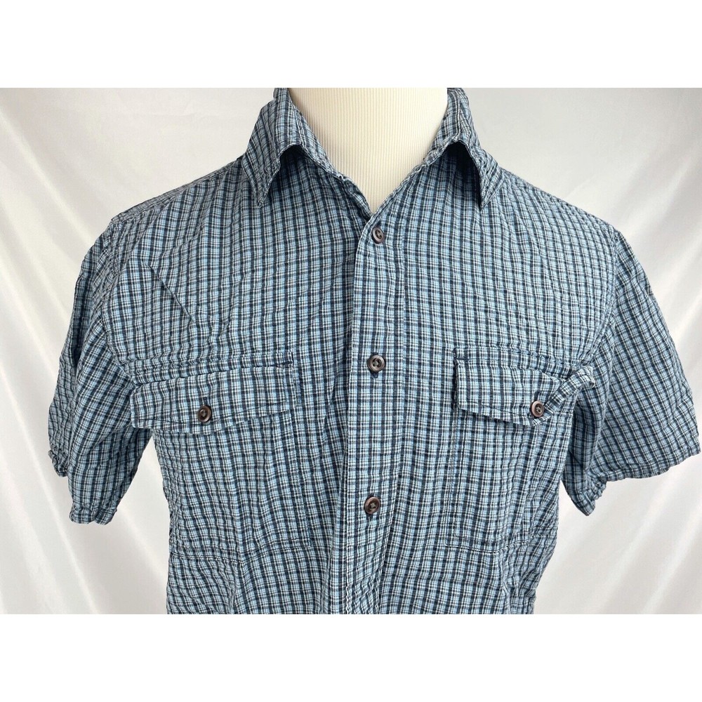 Eddie Bauer Men Medium Blue Short Sleeve Shirt Button Down Cotton Relaxed Fit - Picture 3 of 7